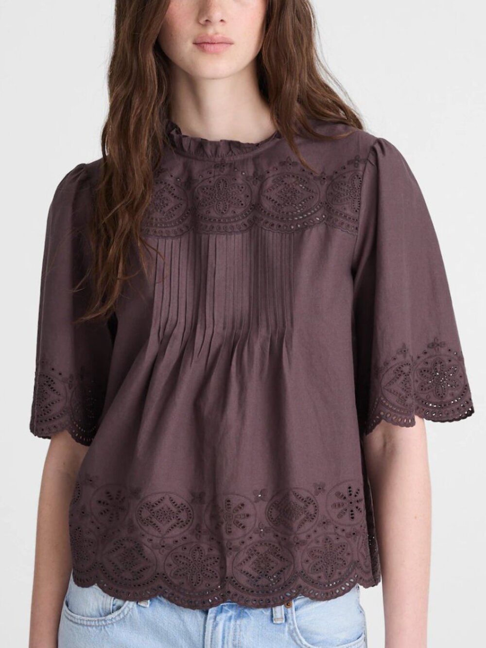 Madewell Embroidered Eyelet Pintuck High Neck Scalloped Top Brown Size XS NWT